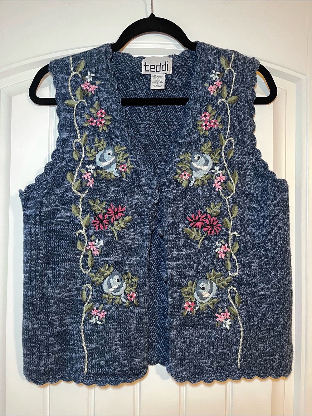 90s Blue Marl Floral Embroidered Knit Sweater Vest Floral Grandma Granny Vintage